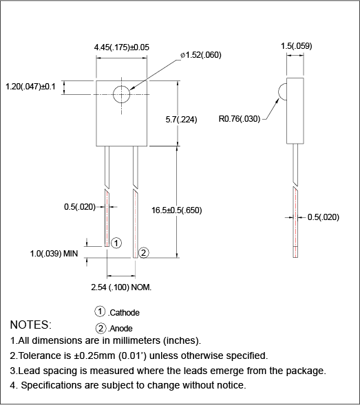 Mechanical Drawing - American Bright LED BIR-NM13C1 Side-Look Package LED